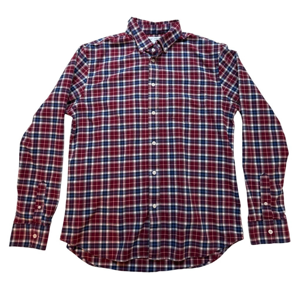 Old Navy Built-In Flex Plaid Button Down Shirt Men L Burgundy Blue White Casual